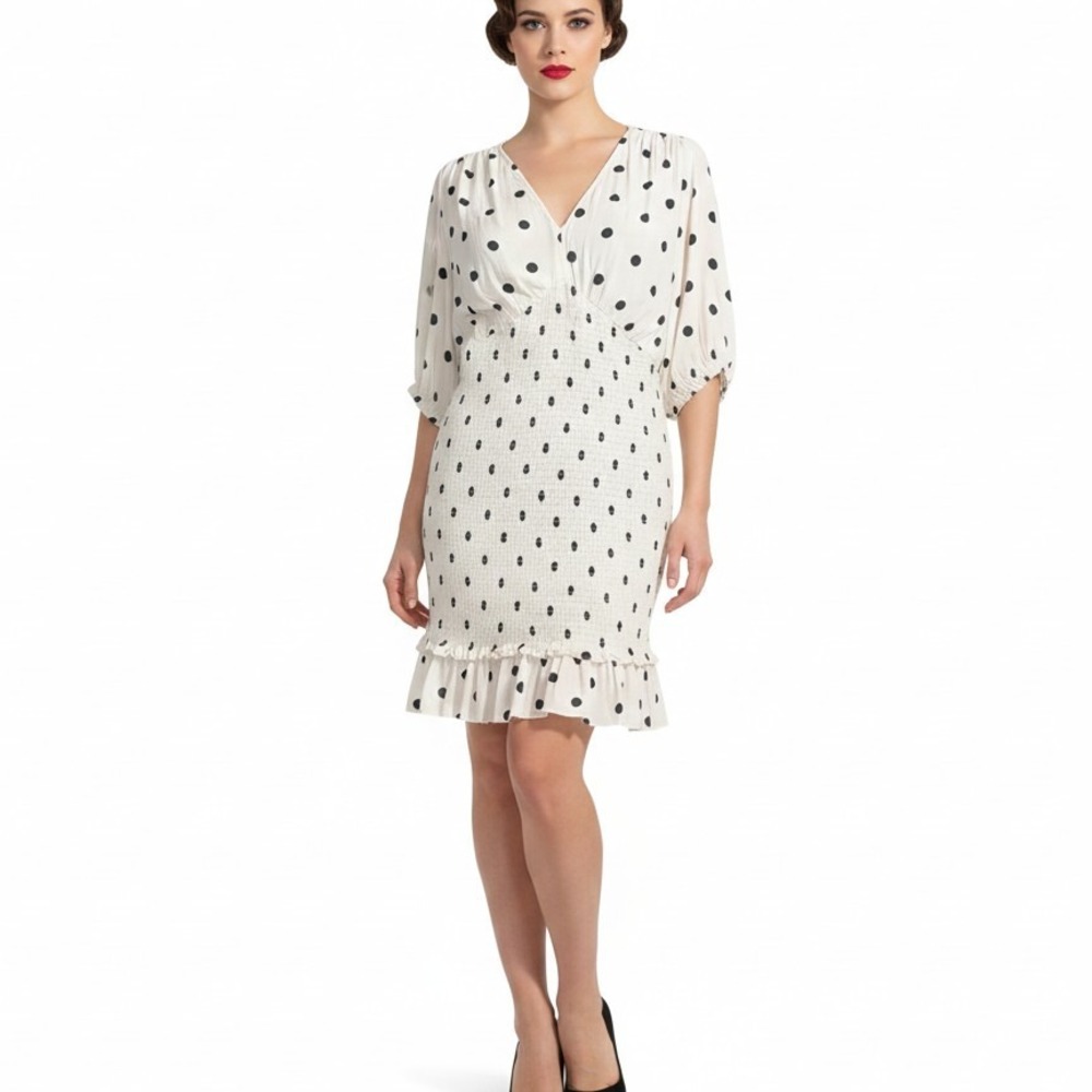H&M‎ Polka Dot Smocked V Neck Midi Dress SKUW443